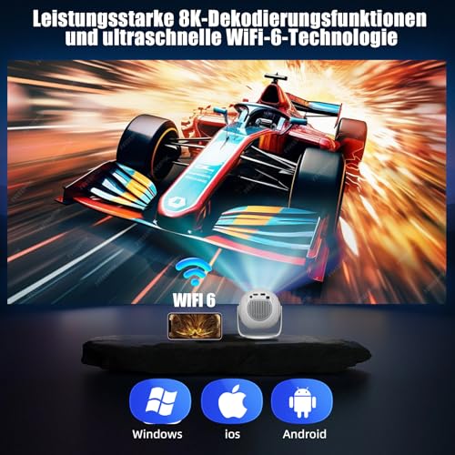 Mini Beamer Unterstützt 4K & 8K 1080P, Smart Beamer mit 5G WiFi 6 BT 5.4, Android 14-System, Tragbarer Projektor 270° Dreh mit HDMI/USB/DC, 8G Speicher, Auto Horizontal Trapezoid Correction (Weiß) – Bild 4