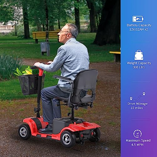 Mobility Scooter for Adults, Senior, Skmc 4 Wheels Electric Powered Chargeable Device for Travel, Lightweight and Portable, with LED Headlights and Basket, Charger Included, Red/Blue (Red) - Thumbnail 5
