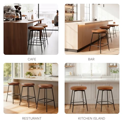 Swivel Bar Stools Set of 3, 24" Counter Height Bar Stool, Backless Barstools with Faux Leather Upholstered Seat&Sturdy Wood Legs for Kitchen Island, Brown by KISLOT - Used condition - Image 2