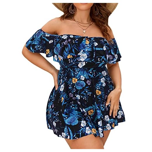 Floerns Women's Plus Off Shoulder Short Sleeve Tie Front 2 Piece Bikini Swimsuit Blue 0XL