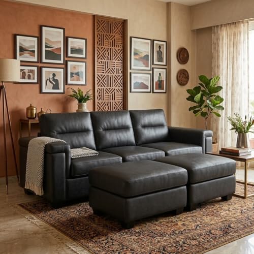 Image of FURNY Parker 3 Seater Sofa Set with 2 Ottoman | Premium Leatherette Finish | Durable Comfort Sofa for Modern Living Room & Office Spaces