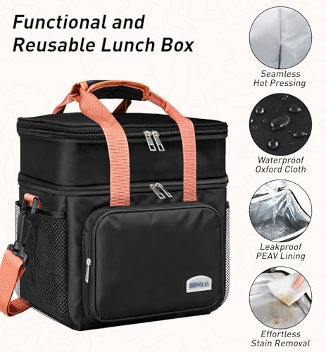 Double Deck Lunch Bag for Men Women 12 L Large Insulated Leakproof Lunch Box Soft and Durable Adult Lunch Cooler Bag Thermal Reusable Lunch Pail for Work Study Sports Travel Camping Beach (Black)