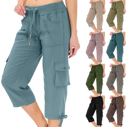 Cargo Capris for Women Summer Casual Drawstring Capris Pants with Pockets Plus Size Quick Dry Hiking Pants Baggy Capri Cargo Pants Elastic Waist Cropped Pants Outdoor Travel Pants for Camping Golf