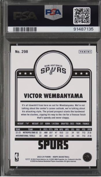 2023 Panini Hoops Victor Wembanyama Rookie RC Basketball Card Graded PSA 10 Gem Mint Card #298