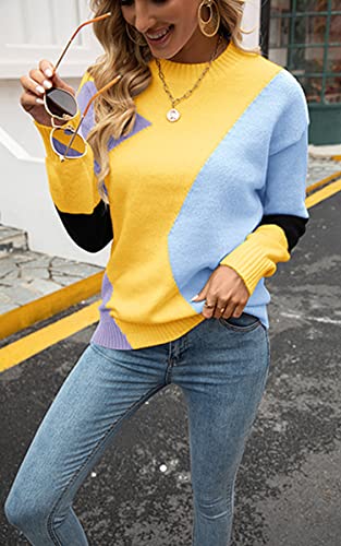 ECOWISH Women's Fall Sweater 2024 - Long Sleeve Color Block Patchwork Round Neck Pullover Knit Tops Cute Casual Sweaters2