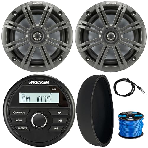 Kicker 46KMC2 Marine Bluetooth All-Weather AM/FM USB/AUX Gauge Style Media Center Receiver W/Black Cover, 2X 6.5 195W Peak Power Coaxial Speakers W/Grille, 22