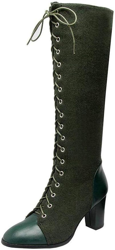 KOKOMOMO Womens High Block Heel Lace Up Knee High Boots with Zip Ladies Mid Calf Combat Boots
