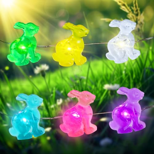 Easter Decorative String Lights, 16FT 50LED Colorful Bunny Fairy Lights Battery Operated, Waterproof Rabbit Shaped String Light for Home Indoor Outdoor Spring Easter Party Decoration