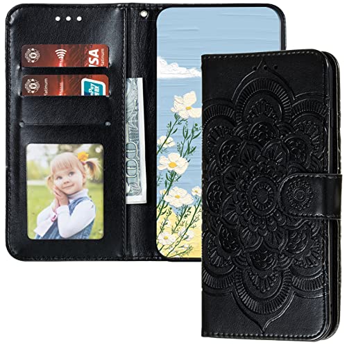 Lemaxelers For Xiaomi Redmi 9A Case Flip Premium Wallet Phone Case Pu Leather Mandala Embossed Shockproof Cover With Kickstand Card Holder Cover For Xiaomi Redmi 9A Mandala Black Ld #TOP30