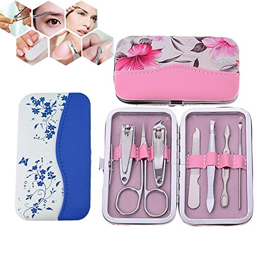 AiQueen 2 Sets Nail Clippers Stainless Steel Manicure Pedicure Set Personal Care Nail Utility Grooming Kit with Portable Case (7 Pcs Per Set)