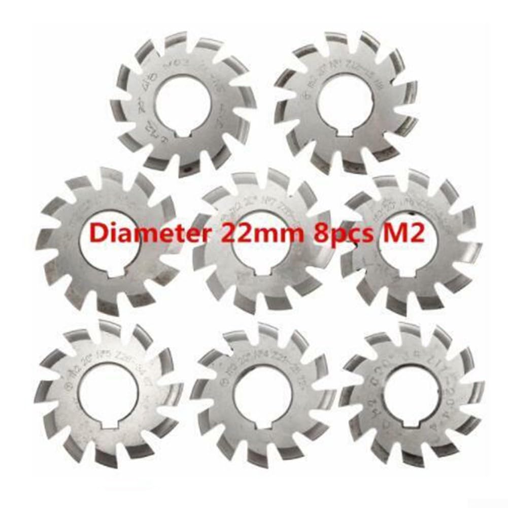 Oniissy Set di 8 frese ad ingranaggi voluti, HSS M2, diametro 22 mm, PA20°, 20 gradi, #1-8, Involute Gear Cutters, modulo 2 ingranaggi