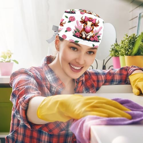 Image of 2 PCS Bouffant Cap with Button Ponytail Pouch Working Cap Sweatband Adjustable Surgical Cap Black and White Cow