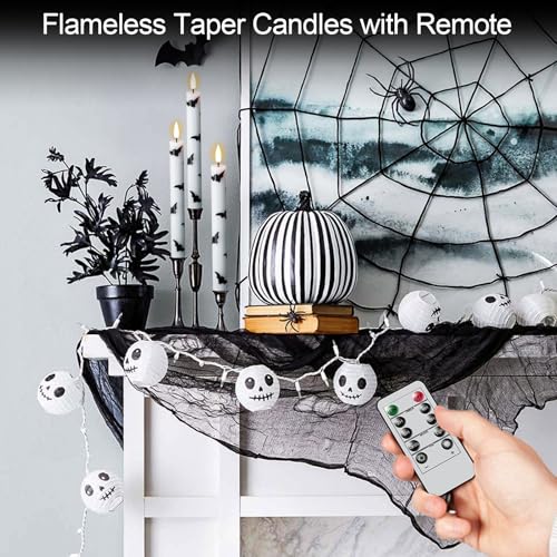 Image of GenSwin Halloween Flameless Taper Candles, 4 Pack LED Taper Candles Battery Operated with Remote Timer, Real Wax White Flickering Flameless Candlesticks with Bat Prints for Spooky Decor(0.75 inch x 9.65 inch)
