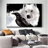 Leinwandbild 70 x 120 cm, rahmenlos, schwarzer Rabe, weißer Wolf, Aquarell, Tier, Poster und Drucke, Wandkunst, Bild für Wohnzimmer, Dekoration, Cuadros