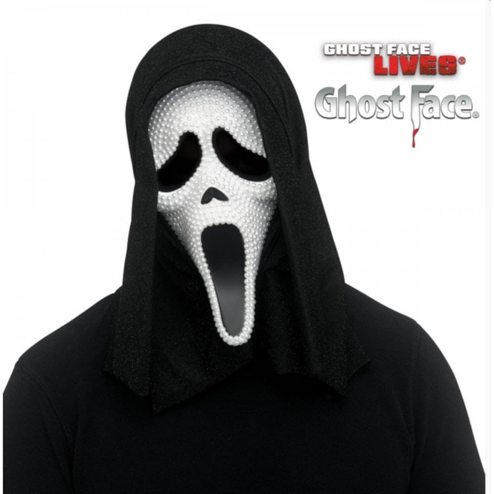 Adult Unisex Official Scream/Ghost Face Pearl Mask with Hood + Black Gloves + Bloody Blade ; Halloween Fancy Dress Accessory Set - Image 3