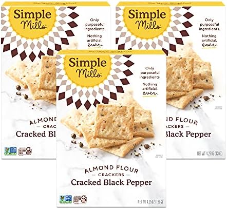 Simple Mills Almond Flour Crackers, Black Cracked Pepper - Gluten Free, Vegan, Healthy Snacks, Plant Based, 4.25 Ounce (Pack of 3)