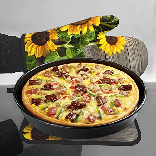 Farmhouse Yellow Sunflower Oven Mitts And Pot Holders Sets, Rustic Wood Print Oven Gloves Hot Pads Kitchen Heat Resistant Potholders For Cooking Baking Grilling Bbq #TOP5