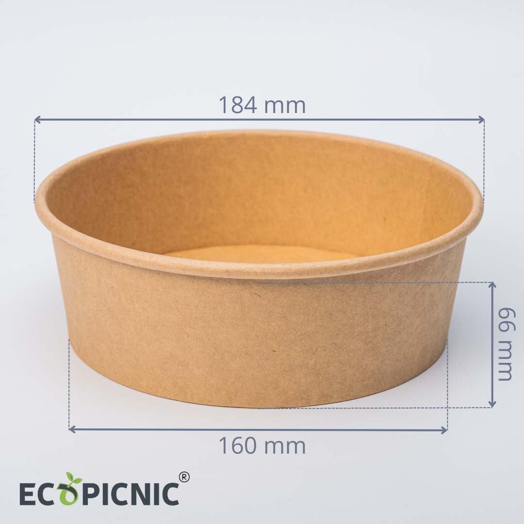 Ensaladeras Redondas de Papel Kraft con Tapa PET 300 unidades 1300 ml | Cuencos desechables de cartón kraft con tapa, ideales para ensaladas, sopas, aperitivos y alimentos para llevar