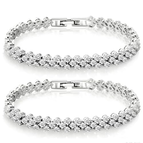 GlamSavvyFZ 2-Pack 925 Sterling Silver Rhinestone Tennis Bracelets for Women, Vintage Couples Hollow Wavy Design Bangles with Secure Clasp, Elegant Jewelry for Wedding, Party, Evening Wear