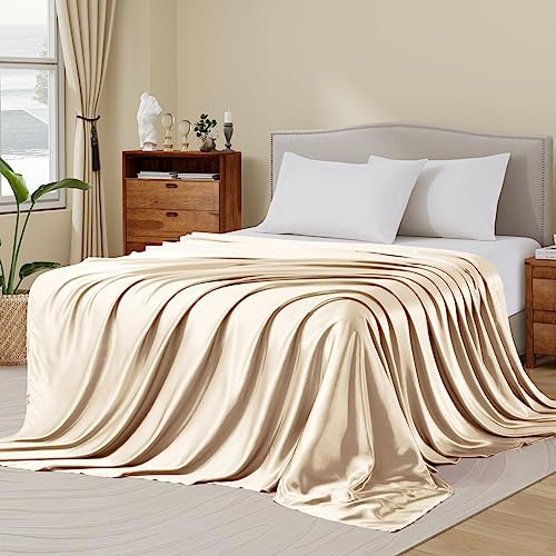 Image of Ersmak Satin Flat Sheet Only, Single Flat Sheet Full, Luxury & Ultra Soft Silky Bedding Top Sheet for Full Mattress - Beige