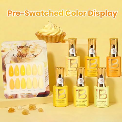 Image of Beetles Yellow Gel Polish Set - Sunny Pantry with Color Card, 6Colors HEMA-Free Yellow Gel Nail Polish Set 15ML Full Size, Long-Lasting Soak Off UV Lamp Summer Summer Nails Art