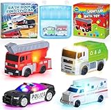 4 Voitures Jouets de Bain Flottantes à Éclairage et Changement de Couleur avec Livre de Bain & Sac de Rangement, Voitures Réalistes sans Trou pour le Bain des Tout Petits Enfants de 1 à 3 Ans, Baignoi