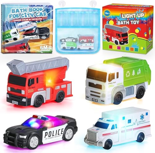 4 Voitures-Jouets de Bain Flottantes à Éclairage et Changement de Couleur avec Livre de Bain & Sac de Rangement, Voitures Réalistes sans Trou pour le Bain des Tout-Petits Enfants de 1 à 3 Ans, Baignoi