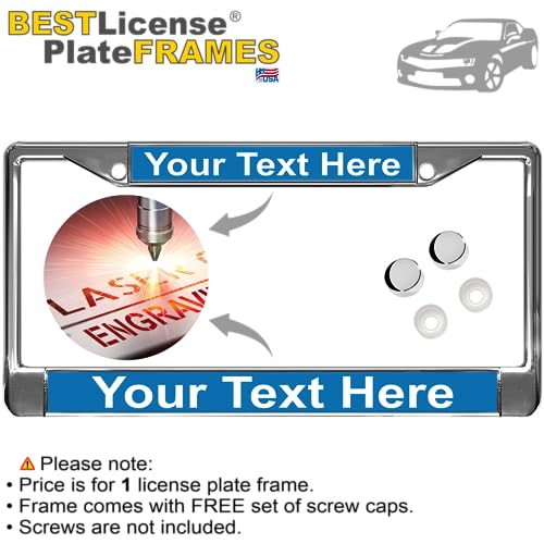 Image of Custom Personalized Chrome-Plated Metal Laser Engraved Standard Size - Car /Automobile License Plate Frame with Free caps - Blue /White Text (Qty: 1 Frame)