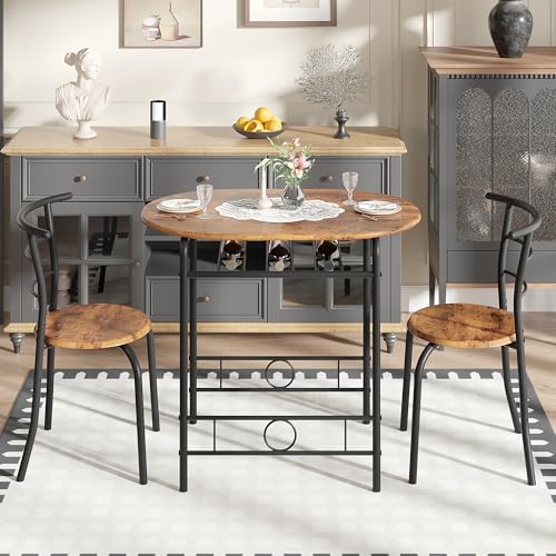 Image of VECELO 3-Piece Dining Table Set for Kitchen Breakfast Nook, Wood Grain Oval Tabletop and Metal Frame with Built-in Wine Rack, for Small Spaces, Antique Brown & Black