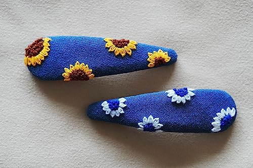 Handmade Embroidered Hair Clips – Sunflower & Daisy Design | Fabric-Covered Snap Barrettes for Women & Girls HC25