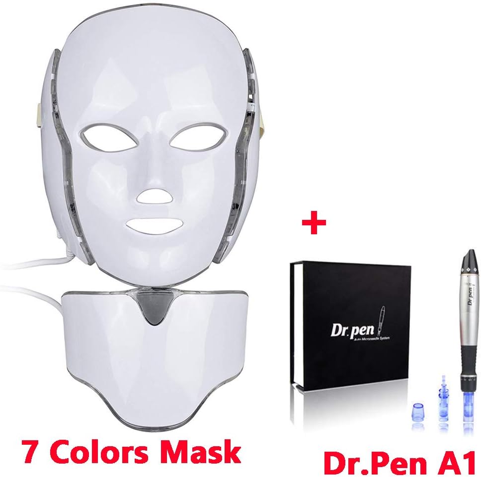 7 Color LED Face Neck Mask -IR Photon Light Facial Skin Care Beauty Mask Therapy with Electric Auto Derma Pen Dr.Pen Ultima A1 Micro Needle Stamp Pen