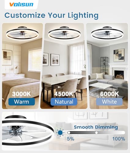 Image of VOLISUN Low Profile Ceiling Fans with Lights and Remote, 27.6in Flush Mount Ceiling Fans with Light, 3000K-6500K Dimmable Fandelier LED Fan Light, Black Bladeless Ceiling Fans with Lights for Bedroom