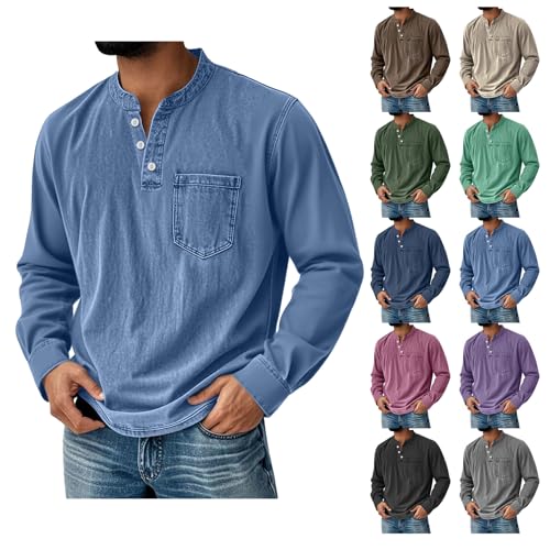 Men's Henley Neck Shirt Classic Distressed Long Sleeve Button Stand Collar Shirts Casual Washed Tops with Pocket4