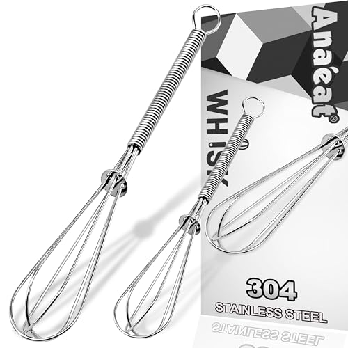 Anaeat Mini Wire Whisks, Set of 2 Portable Stainless Steel Kitchen Tiny Whisk & Egg Beater with Thick Wire – Sturdy Small Mixing Balloon for Cooking, Blending, Whiping, Beating and Stirring (5″ + 7″)