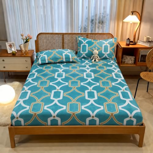 Image of VOMZER 320 TC Cotton Feel All Around Elastic Fitted Printed Bedsheets King Size, Premium Fitted Bedsheets King Size for Double Bed with 2 Pillow Covers, Size- 78 inch x 72 inch, Multicolour