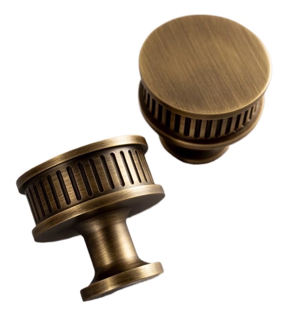 Qvorlth Vintage Cabinet Pulls Solid Antique Brass Handles Spiral Ribbed Drawers Bedroom Wardrobes Kitchen Cabinet Doors Single Hole Knobs(Knob-31mm)