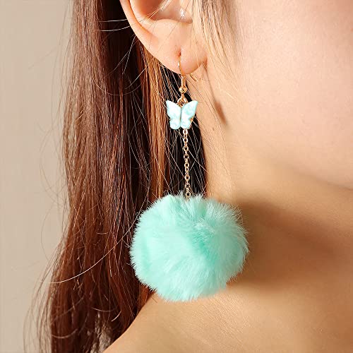 Pom Pom Butterfly Earrings For Women Pom Pom Pendant Earrings Colorful Faux Fur Ball Fluffy Earrings Pink Pom Earrings For Teen Girls (Blue, Alloy) #TOP1