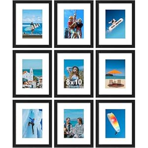 Vittanly 8×10 Picture Frames Set of 9, Shatter Resistant Plexiglass, Display 5×7 Pictures with Mat or 8×10 without Mat, Photo Frames for Wall or Tabletop, Engineered Wood, Black