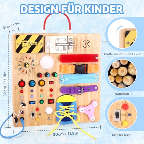 23 in 1 Montessori Spielzeug ab 1 jahr Busy Board Activity Board Spielzeug ab 2 jahre Holzspielzeug mit 15 Schalter, 26 LED-Leuchten ,Spieluhr, Schloss, Schnürsenkeln, Reißverschluss Sensory Spielzeug
