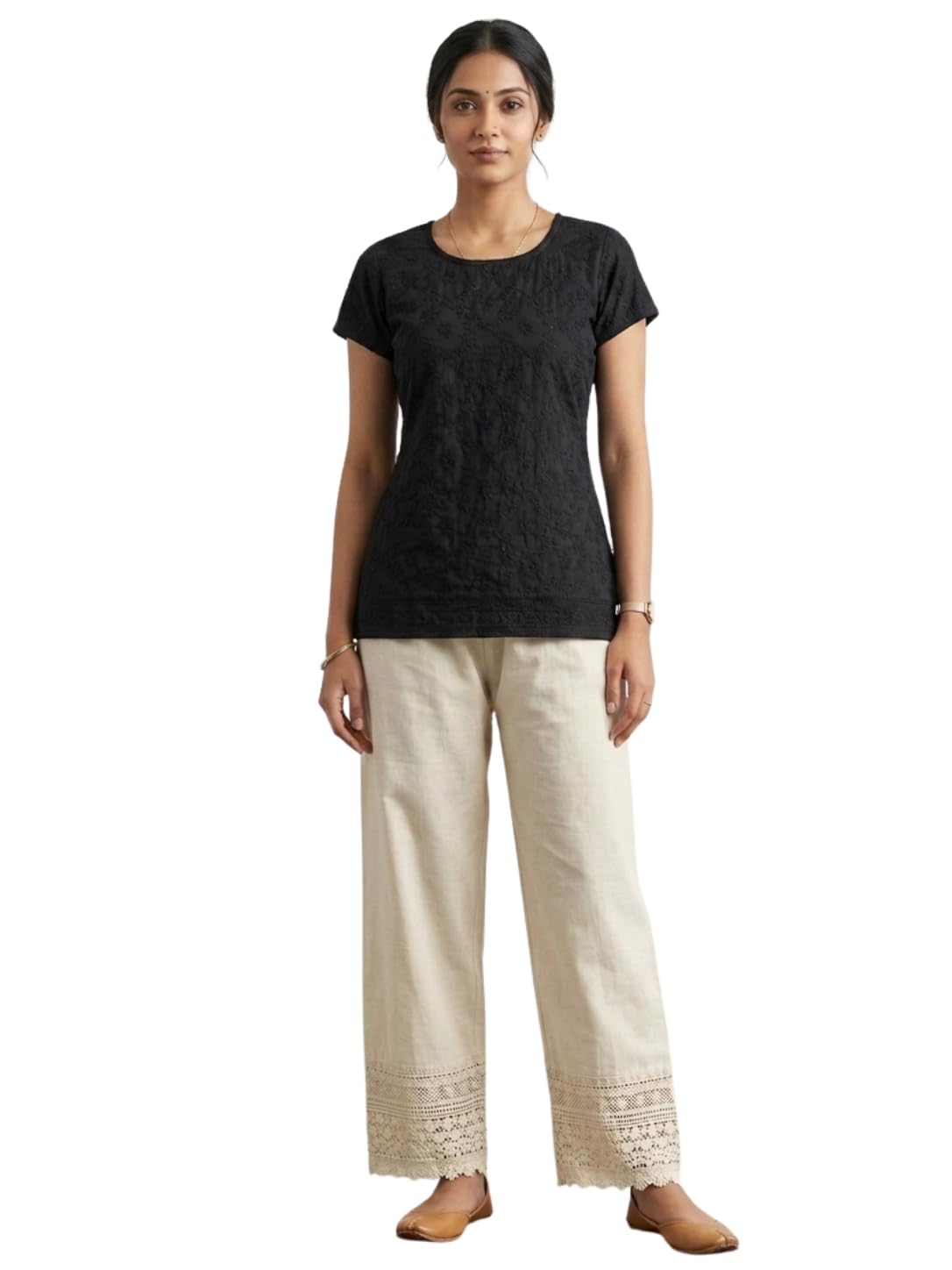 Women Off White Cotton Flex Straight Palazzo Pant with Crochet Lace Border |-picture-10