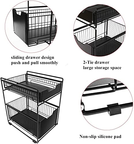 Cbyjk Stackable 2-Tie Under Sink Cabinets Organizer With Sliding Storage Drawer, Under Sink, Pull Out Cabinets Organizer Shelf, Sliding Basket Organizer Drawer For Kitchen, Bathroom, Office, Black #TOP2