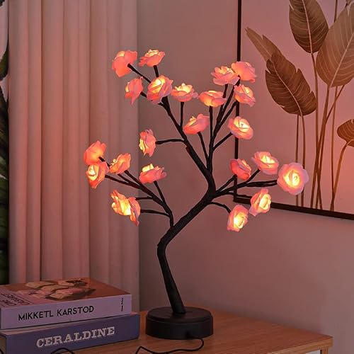 Rose Tree Lamp,Flower Lamp Tabletop Bonsai Tree Light With Remote Color Changing 24 Led Rose Flower Artificial Tree Lamp, Usb Operated Lighted Tree For Home Wedding Bedroom Tabletop Decoration #TOP7