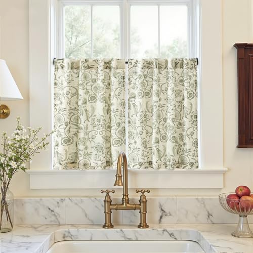 jinchan Linen Floral Kitchen Tier Curtains 30 Inch 2 Panels Green on Beige