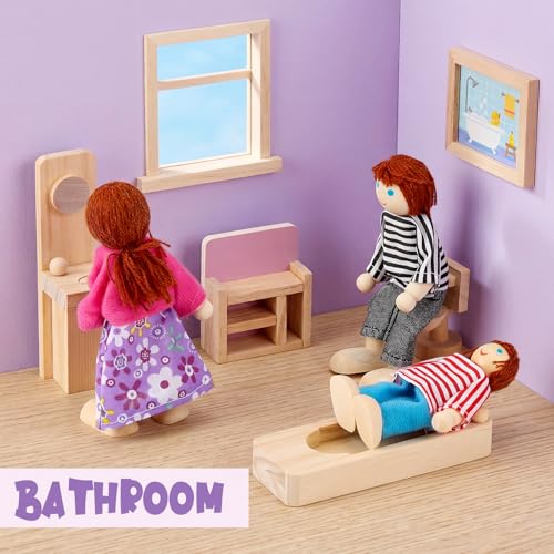 Sumind 35 Pcs Wooden Dollhouse Furniture Set with 8 Family Figures, 1:12 Scale Miniature Dolls House Accessories for Kitchen, Bedroom & Bathroom, Montessori Educational Toy Gift for Girls and Boys by Sumind - Image 7