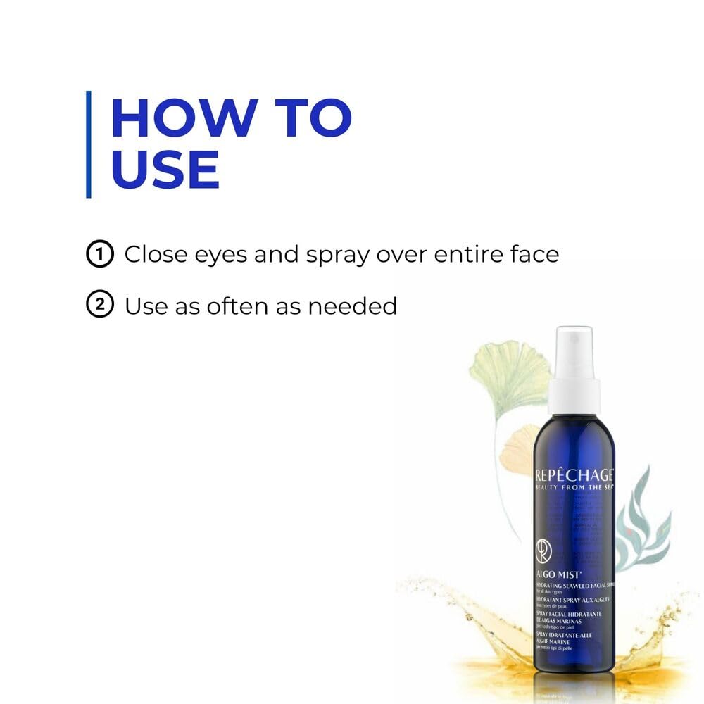 Repechage Algo Mist Hydrating Seaweed Facial Spray for All Skin Types - Aloe and Vitamin C Infused Face Mist Keeps Skin Hydrated, Refreshed and Nourished, 6 fl oz.