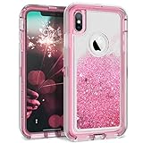 Dexnor Compatible iPhone X/XS Case Glitter Bling Sparkle 3D Flowing Quicksand Liquid Bumper Clear 3 in 1 Shockproof TPU Rubber Silicone Core + Plastic Frame Protective Defender Cover for Girls - Pink