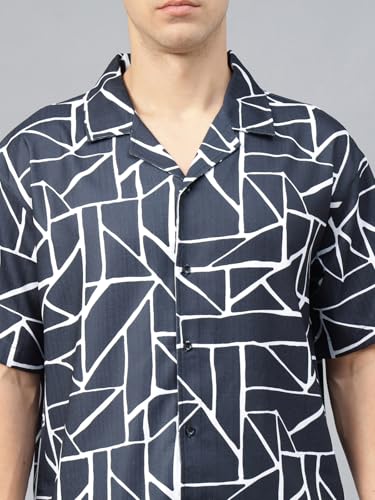 Image of Veirdo Poly Cotton Oversized Loose Baggy Fit Drop Shoulder Cool and Stylish Abstract Print Men Camp Collar Shirt