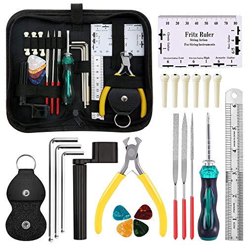 Guitar Repairing Tool Kit Including Wire Plier, String Organizer, Hex Wrenches, Screwdriver, Guitar Files, String Ruler Action Ruler, Bridge Pins for Guitar Ukulele Bass Mandolin (D Set)