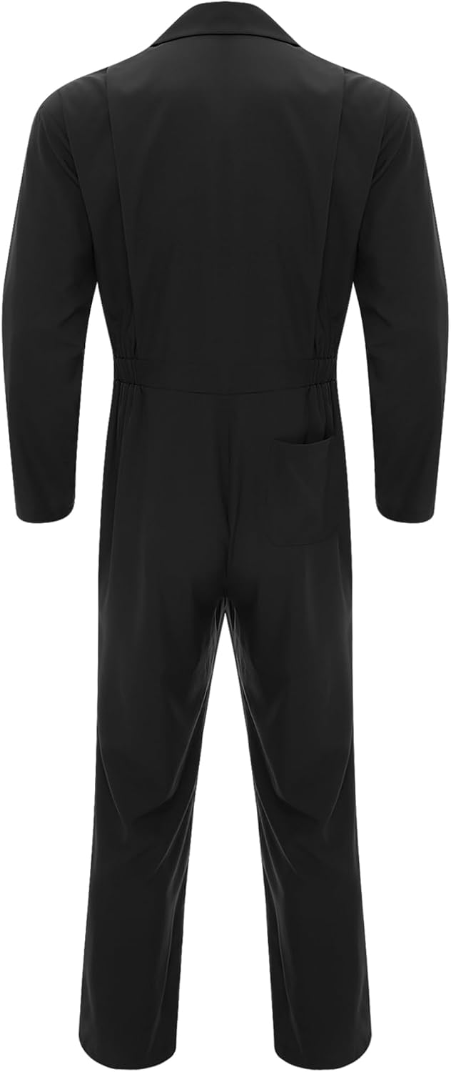 Hularka Men's Solid Color Long Sleeve Jumpsuit with Pockets Turnover Collar Zip Up Dungarees Black Large