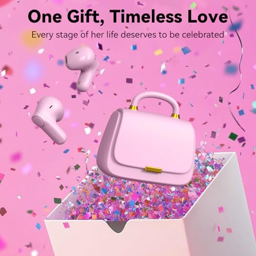 Image of ANCwear Cute Pink Wireless Earbuds for Girls, Rose Pearl Ear Buds with Mini Handbag Charging Case, DIY Stickers, Bluetooth 5.3, 22H Battery Life, Fashion Gift for Women Teens